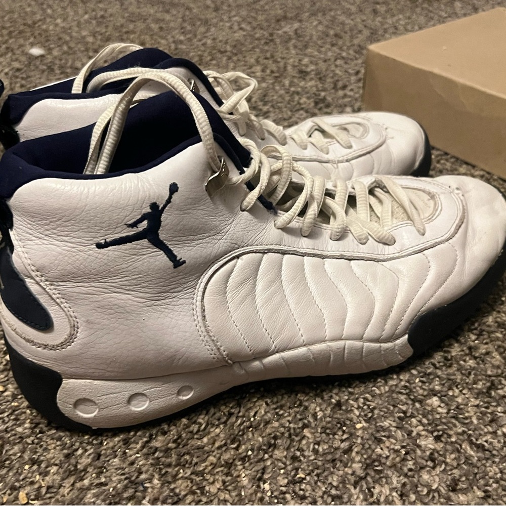 White and Navy High-Top Sneakers